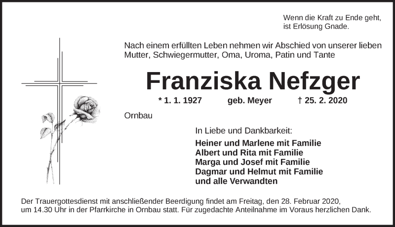  Traueranzeige für Franziska Nefzger vom 27.02.2020 aus Ansbach