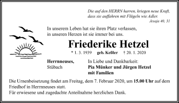 Traueranzeige von Friederike Hetzel von Neustadt/ Scheinfeld/ Uffenheim