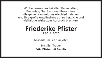 Traueranzeige von Friederike Pfister von Ansbach