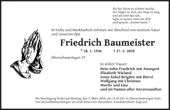 Traueranzeige von Friedrich Baumeister von Dinkelsbühl/ Feuchtwangen