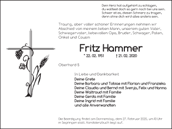 Traueranzeige von Fritz Hammer von Dinkelsbühl/ Feuchtwangen