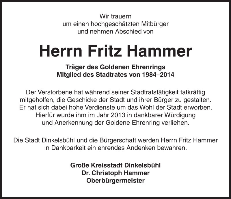  Traueranzeige für Fritz Hammer vom 25.02.2020 aus Dinkelsbühl/ Feuchtwangen