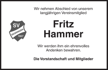 Traueranzeige von Fritz Hammer von Dinkelsbühl/ Feuchtwangen