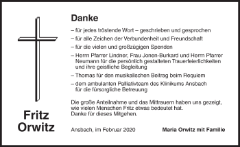 Traueranzeige von Fritz Orwitz von Ansbach