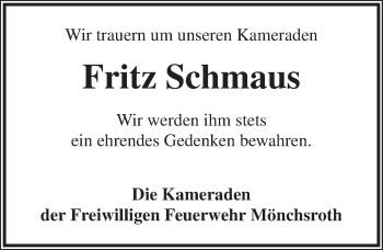 Traueranzeige von Fritz Schmaus von Dinkelsbühl/ Feuchtwangen