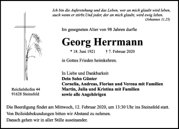Traueranzeige von Georg Herrmann von Rothenburg (Fränkischer Anzeiger)