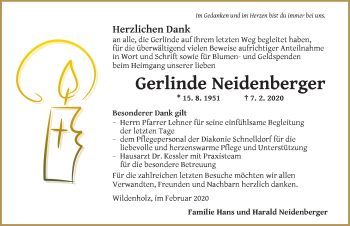 Traueranzeige von Gerlinde Neidenberger von Dinkelsbühl/ Feuchtwangen