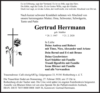 Traueranzeige von Gertrud Herrmann von Rothenburg