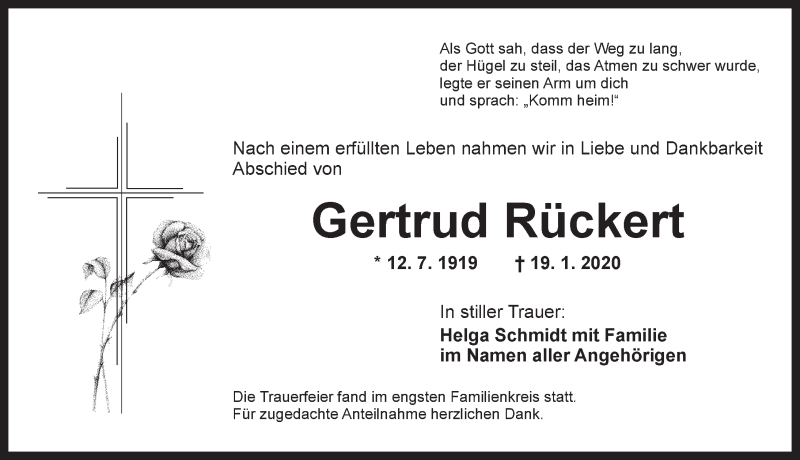  Traueranzeige für Gertrud Rückert vom 07.02.2020 aus Ansbach