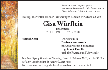 Traueranzeige von Gisa Würflein von Neustadt/ Scheinfeld/ Uffenheim