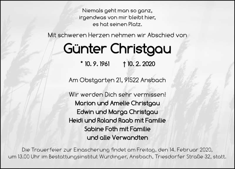  Traueranzeige für Günter Christgau vom 12.02.2020 aus Rothenburg