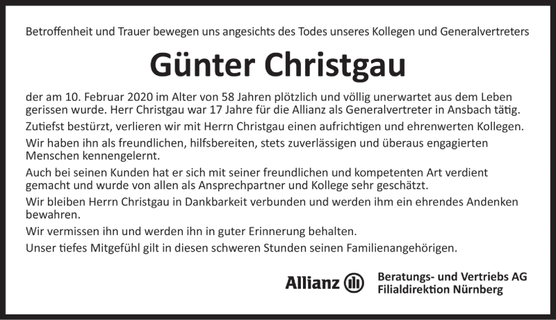 Traueranzeige für Günter Christgau vom 13.02.2020 aus Rothenburg