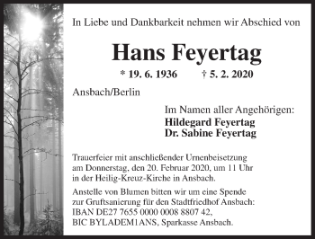Traueranzeige von Hans Feyertag von Ansbach