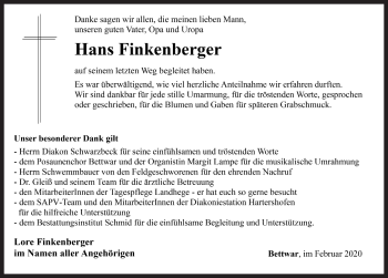 Traueranzeige von Hans Finkenberger von Rothenburg