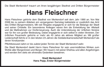 Traueranzeige von Hans Fleischner von Ansbach