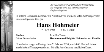 Traueranzeige von Hans Hohmeier von Neustadt/ Scheinfeld/ Uffenheim