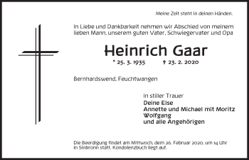 Traueranzeige von Heinrich Gaar von Dinkelsbühl/ Feuchtwangen