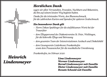 Traueranzeige von Heinrich Lindenmeyer von Dinkelsbühl/ Feuchtwangen