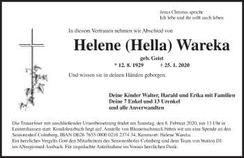 Traueranzeige von Helene Wareka von Ansbach