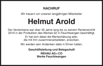 Traueranzeige von Helmut Arold von Dinkelsbühl/ Feuchtwangen