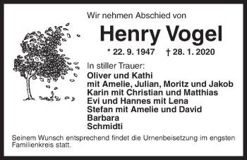 Traueranzeige von Henry Vogel von Ansbach