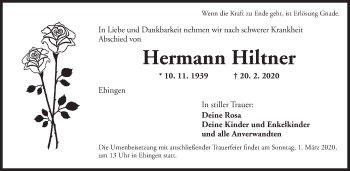 Traueranzeige von Hermann Hiltner von Dinkelsbühl/ Feuchtwangen