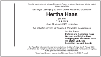 Traueranzeige von Hertha Haas von Ansbach