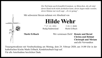 Traueranzeige von Hilde Wehr von Neustadt/ Scheinfeld/ Uffenheim