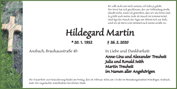 Traueranzeige von Hildegard Martin von Ansbach