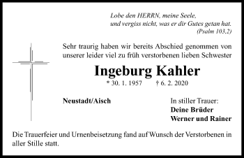 Traueranzeige von Ingeburg Kahler von Neustadt/ Scheinfeld/ Uffenheim