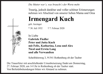 Traueranzeige von Irmengard Kuch von Rothenburg