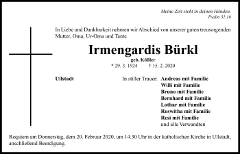 Traueranzeige von Irmengardis Bürkl von Neustadt/ Scheinfeld/ Uffenheim