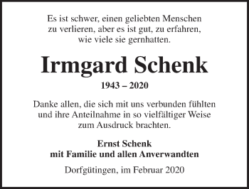 Traueranzeige von Irmgard Schenk von Dinkelsbühl/ Feuchtwangen