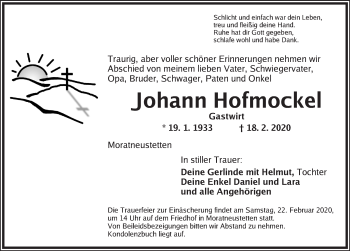 Traueranzeige von Johann Hofmockel von Ansbach