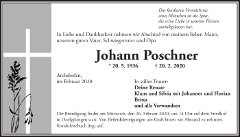 Traueranzeige von Johann Poschner von Dinkelsbühl/ Feuchtwangen