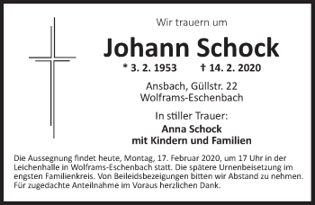 Traueranzeige von Johann Schock von Ansbach