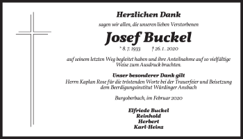 Traueranzeige von Josef Buckel von Ansbach