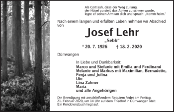 Traueranzeige von Josef Lehr von Dinkelsbühl/ Feuchtwangen