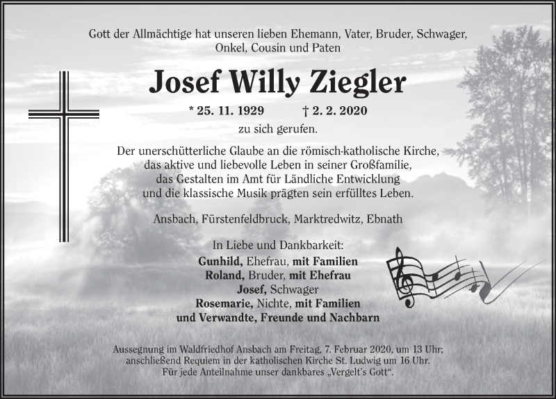  Traueranzeige für Josef Willy Ziegler vom 05.02.2020 aus Ansbach