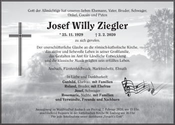 Traueranzeige von Josef Willy Ziegler von Ansbach