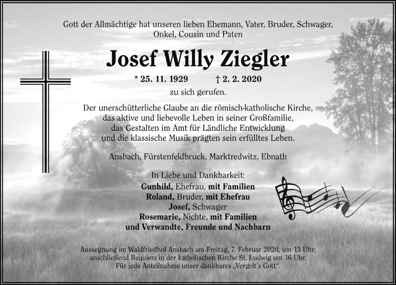  Traueranzeige für Josef Willy Ziegler vom 05.02.2020 aus Rothenburg