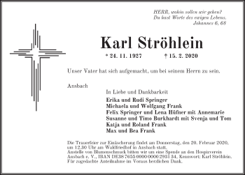 Traueranzeige von Karl Ströhlein von Ansbach