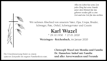 Traueranzeige von Karl Wuzel von Rothenburg