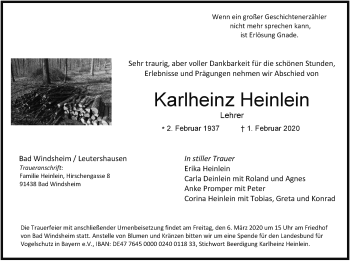 Traueranzeige von Karlheinz Heinlein von Ansbach