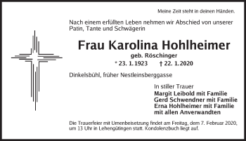 Traueranzeige von Karolina Hohlheimer von Dinkelsbühl/ Feuchtwangen