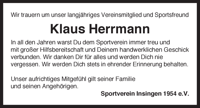  Traueranzeige für Klaus Herrmann vom 24.02.2020 aus Rothenburg