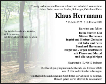 Traueranzeige von Klaus Herrmann von Rothenburg