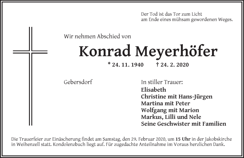  Traueranzeige für Konrad Meyerhöfer vom 27.02.2020 aus Ansbach