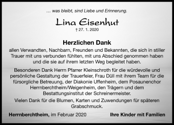 Traueranzeige von Lina Eisenhut von Neustadt/ Scheinfeld/ Uffenheim