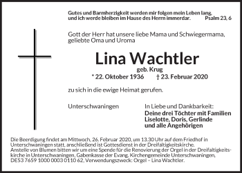 Traueranzeige von Lina Wachtler von Dinkelsbühl/ Feuchtwangen